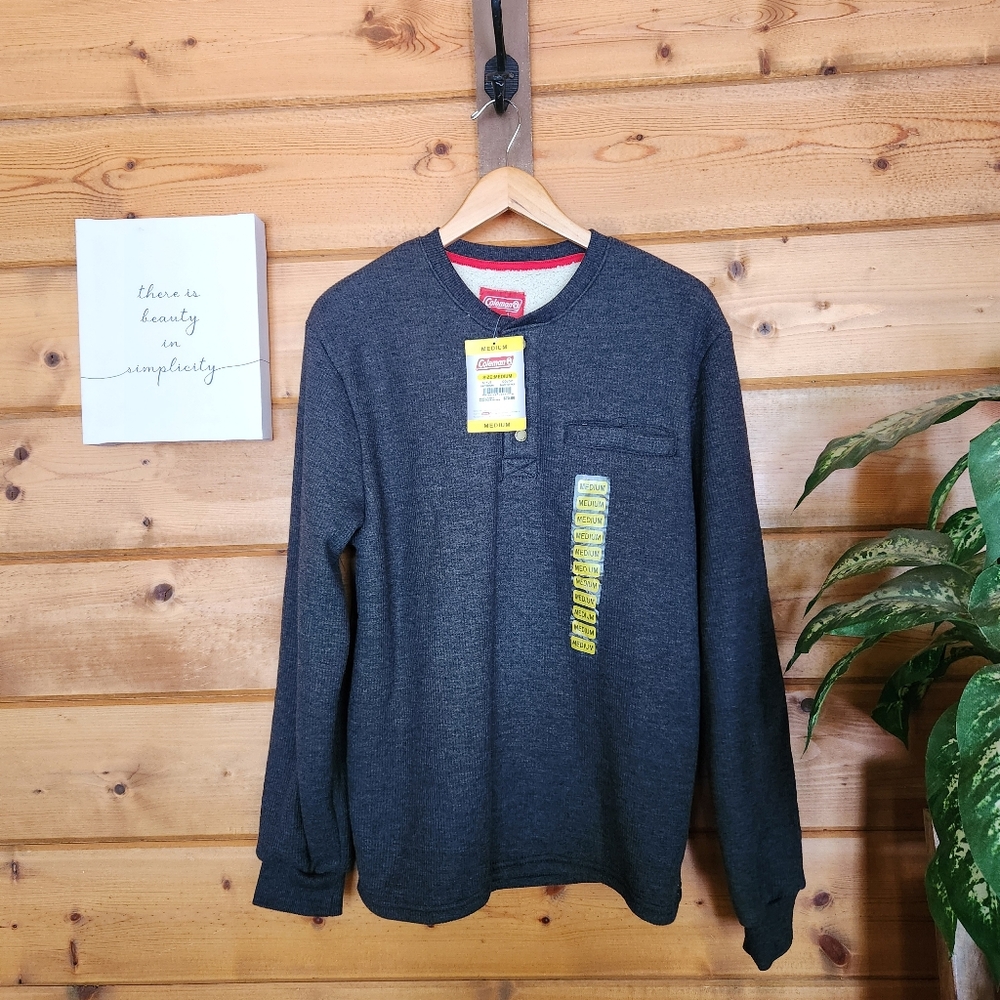 Coleman NWT Sherpa Fleece Waffle Knit‎ Relax Fit Henley Shirt Black Heather Sz M